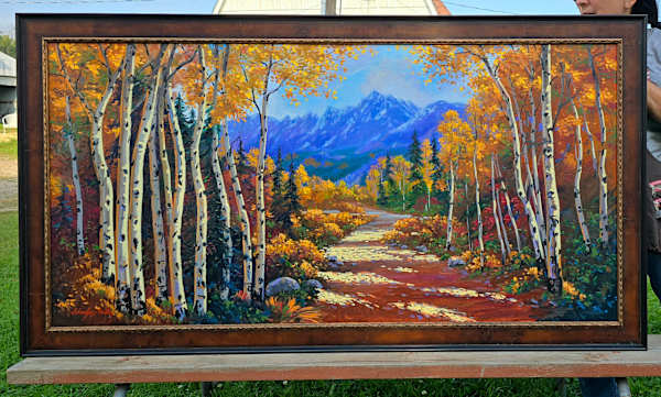 Golden Inspiration by Schaefer/Miles Fine Art Inc. Kevin D. Miles & Wendy Sue Schaefer-Miles  Image: "Golden Inspiration" Oil 30x60 Framed in Burl wood. 