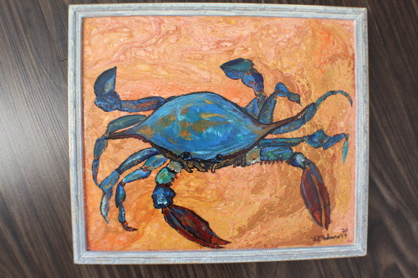 Blue Crab Painted On Wood Gray Frame By Heather Artwork Archive