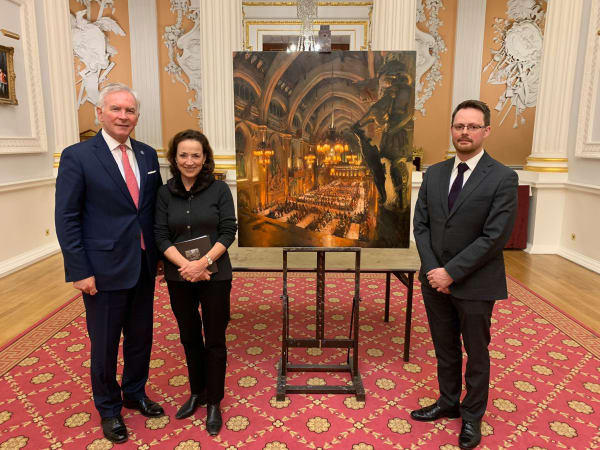 The Lord Mayor's Banquet by Rob Pointon  Image: The Lord Mayor and Lady Mayoress viewing the painting in Mansion House, February 2022