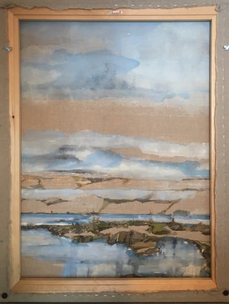 Inland Pond VERSO by BarbaraHouston ArtStudio  Image: VERSO - outline drawing establishes composition, first painting pressing pigment and archival ink through the Belgian linen. Image is the back of the finished painting. 