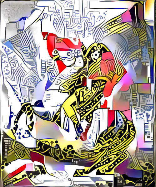Crossing by Brendon McNaughton  Image: This is the artwork rotated 90 degrees counter clockwise to show the original upright crossing composition. It is intentionally rotated 90 degrees clockwise to look like the horse has reared back over onto Napolean. 
