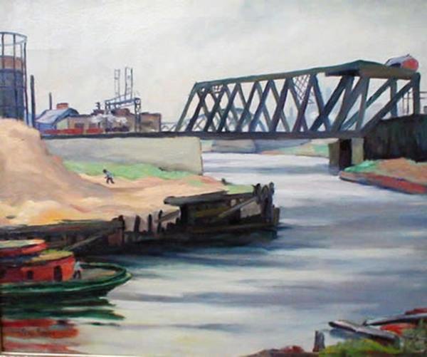 River Scene with Tug and Bridge by Tunis Ponsen