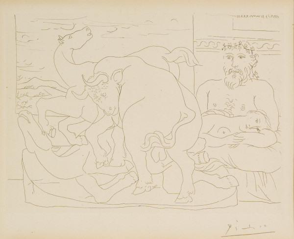 Le Repos du Sculpteur devant des Chevaux et un Taureau by Pablo Picasso