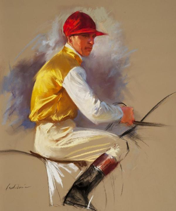 Jockey in Yellow and White Silks and Red Cap by Katherine Landikusic