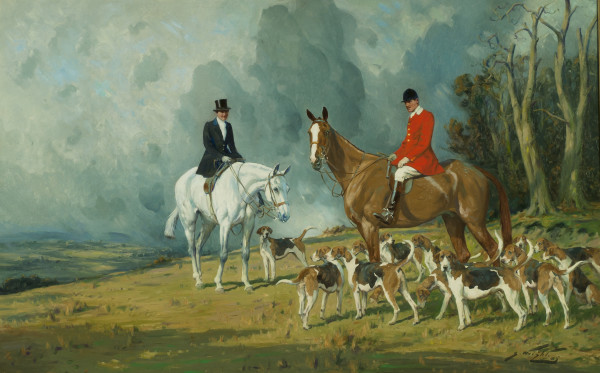 Mrs. Hawkins on Satylite, Major H. Hawkins, O.B.E. on The Bishop, with the Atherstone Hounds, MFH... by George Wright