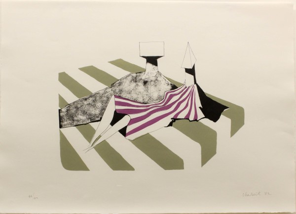 Two Sitting Figures on Stripes I by Lynn Chadwick
