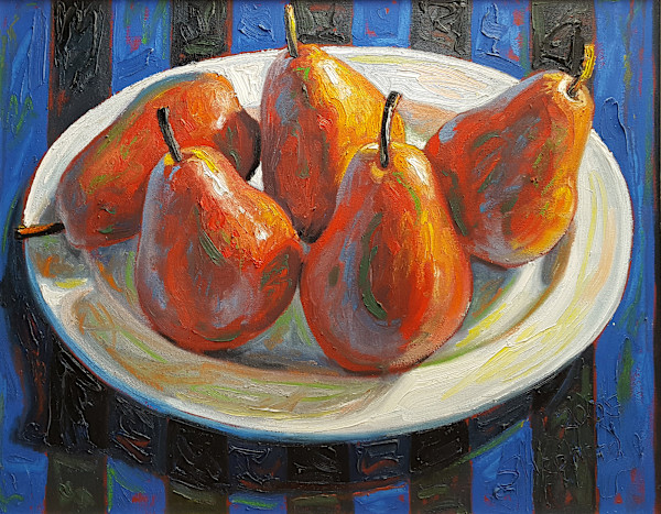 Red Pears on Blue Stripes by Shawn Shepherd