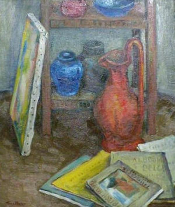 Arrangement of Paintings, Books and Pottery by Tunis Ponsen