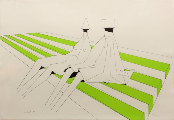 Two Sitting Figures on Stripes II by Lynn Chadwick