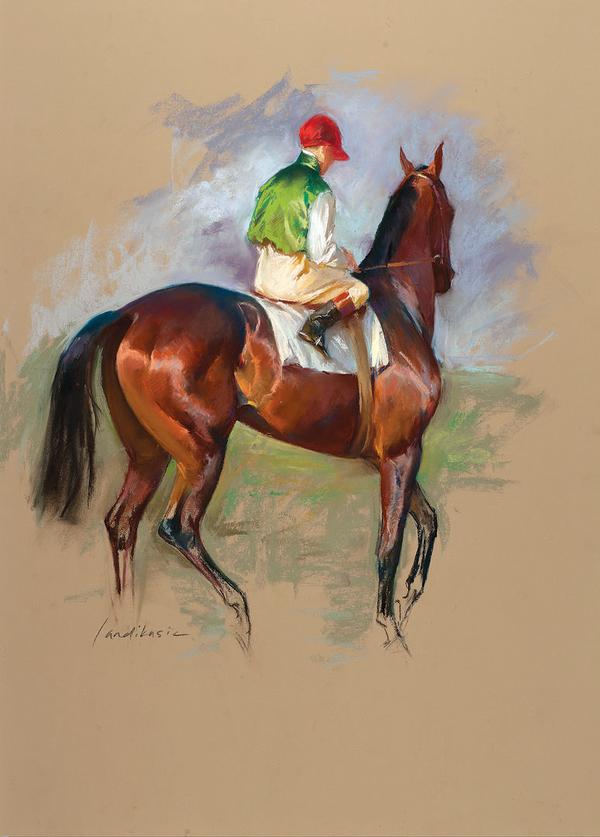 Jockey Up, Green and White Silks, Red Cap by Katherine Landikusic