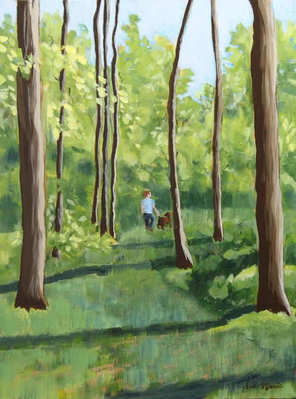 Boy and His Dog in the Woods by Judi Marie