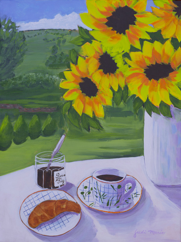 Sunflowers Coffee and Croissant on Hermes by Judi Marie
