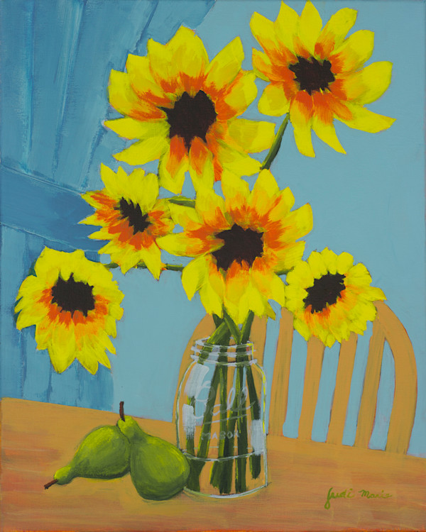Sunflowers on Kitchen Table in Ball Jar by Judi Marie