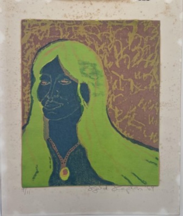 Woodblock print of a woman by Kjeld Tidemand-Johannessen