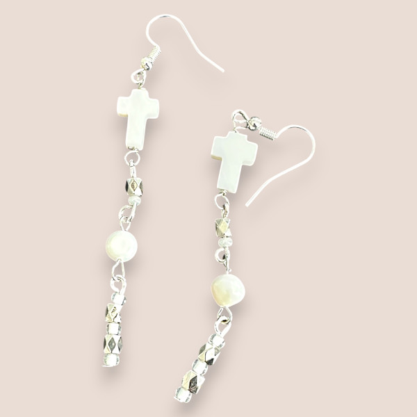 Silver Cross Dangle Earrings, Freshwater Pearl Cross and Beads, Hypoallergenic Hooks by Susi Schuele, Image 7.