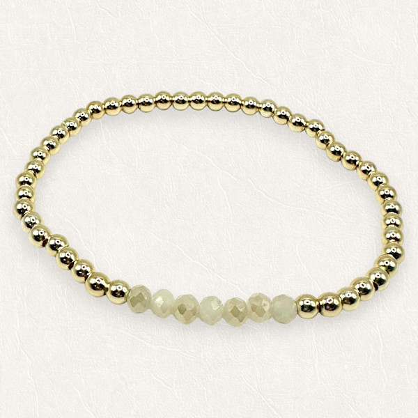 Stackable 14K Gold Filled Bracelet with 4mm Cream Faceted Glass - Minimalist Stretch Design by Susi Schuele, Image 5.