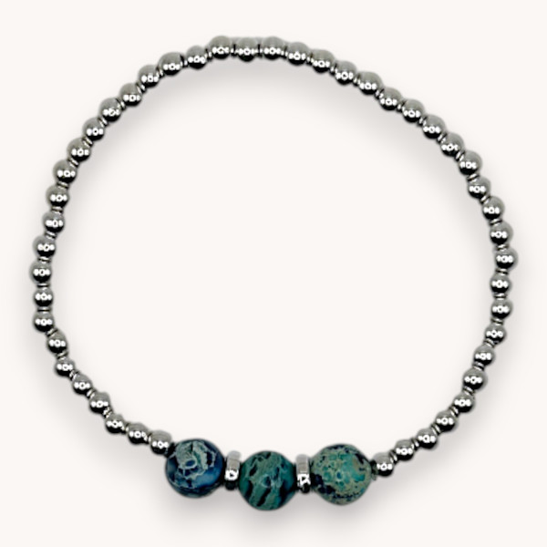 Natural Blue Imperial Jasper Bead and Silver Spacer Bracelet - 3 Beads by Susi Schuele