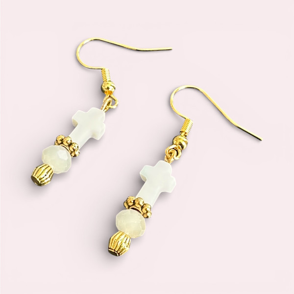 Gold Cross Dangle Earrings, Freshwater Pearl Cross, Christian Jewelry, White Glass Beads, Hypoallergenic Hooks by Susi Schuele, Image 5.