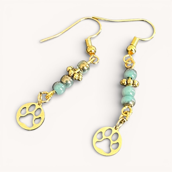 Gold Paw Print Dangle Earrings, Dog Lover Jewelry, Stainless Steel Paw Charm, Hypoallergenic Hooks by Susi Schuele, Image 6.