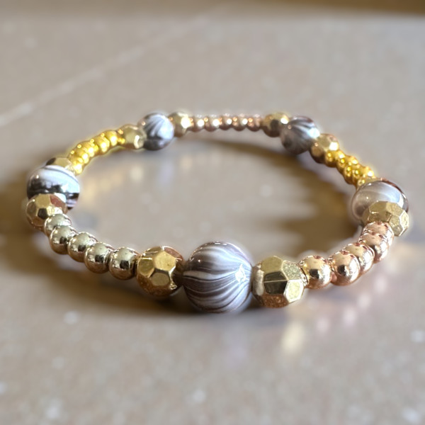 Acrylic Bead Bracelet - Black Ink Pattern and Tri-Toned Spacers by Susi Schuele