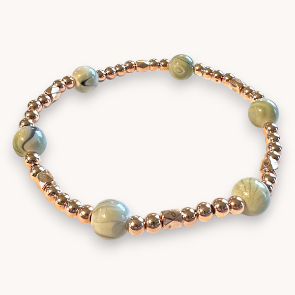 Acrylic Bead Bracelet - Light Green Ink Pattern and Rose Gold Toned Spacers by Susi Schuele