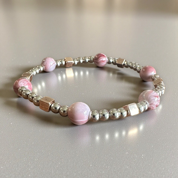 Acrylic Bead Bracelet - Rose Ink Pattern and Silver-Rose Gold Toned Spacers by Susi Schuele