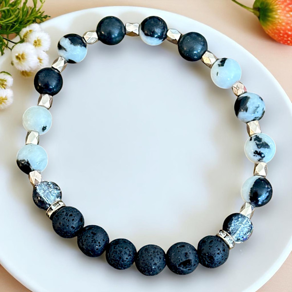 Aromatherapy Diffuser Bracelet - Black Lava Beads, Black and White Stone Beads, Gold - STAJ20240021 #19 by Susi Schuele