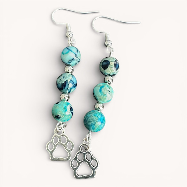 Blue Imperial Jasper Paw Print Earrings, Dog Lover Jewelry, Silver Tone Dangle, Hypoallergenic Hooks by Susi Schuele, Image 8.
