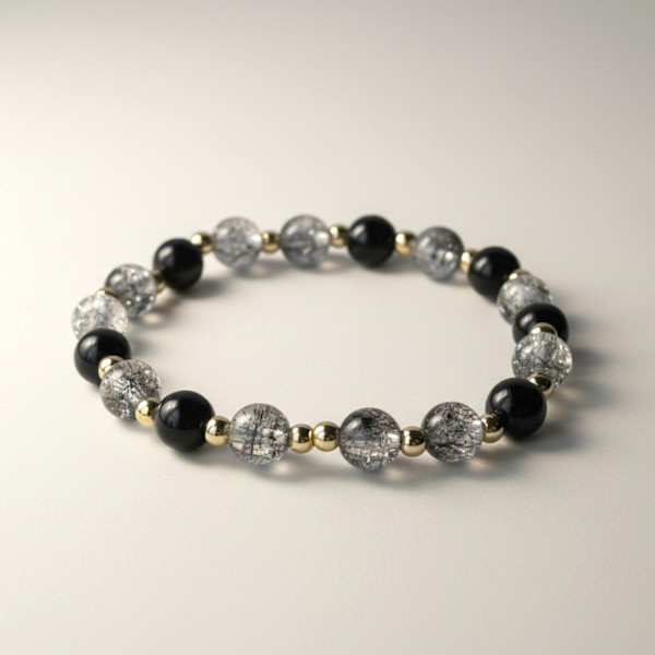 14K Gold Filled Seamless Stretch Stacking Bracelet – Crackle Glass Turquoise Black by Susi Schuele, Image 2.