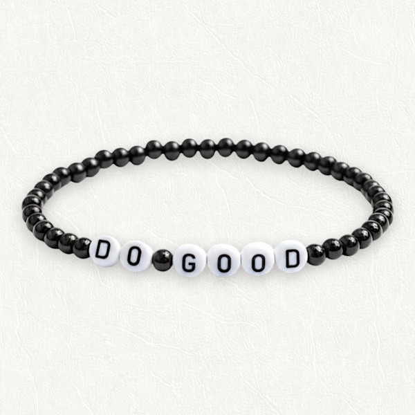 Custom Black Bead Word Bracelet, Personalized Stretch Jewelry, Gold or White Letters  - DO GOOD by Susi Schuele, Image 1.