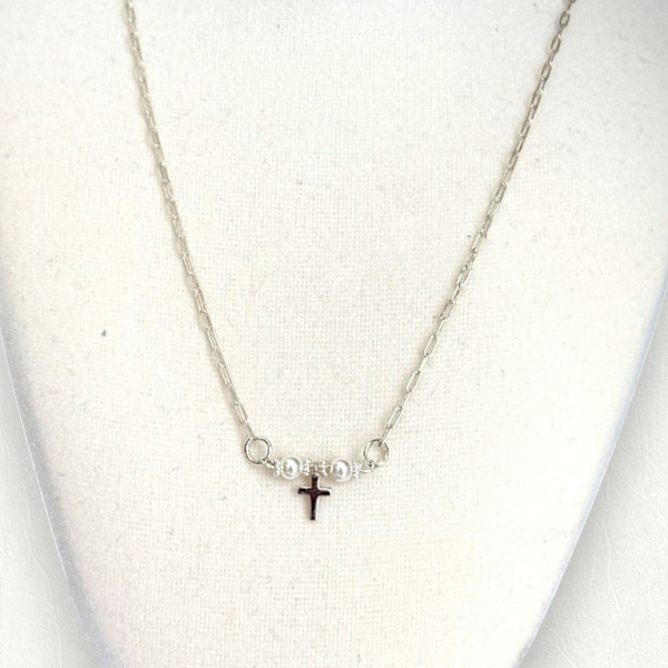 Sterling Silver Cross Necklace with Shell Pearls, Paperclip Chain, 20 Inch by Susi Schuele, Image 1.