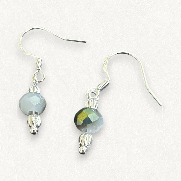 Grey/Green AB Faceted Glass Earrings 925 Sterling Silver Minimalist Dangle Handmade by Susi Schuele, Image 2.