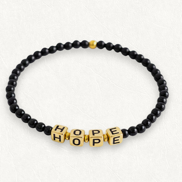 Custom Black Bead Word Bracelet, Personalized Stretch Jewelry, Gold or White Letters  - HOPE by Susi Schuele, Image 2.