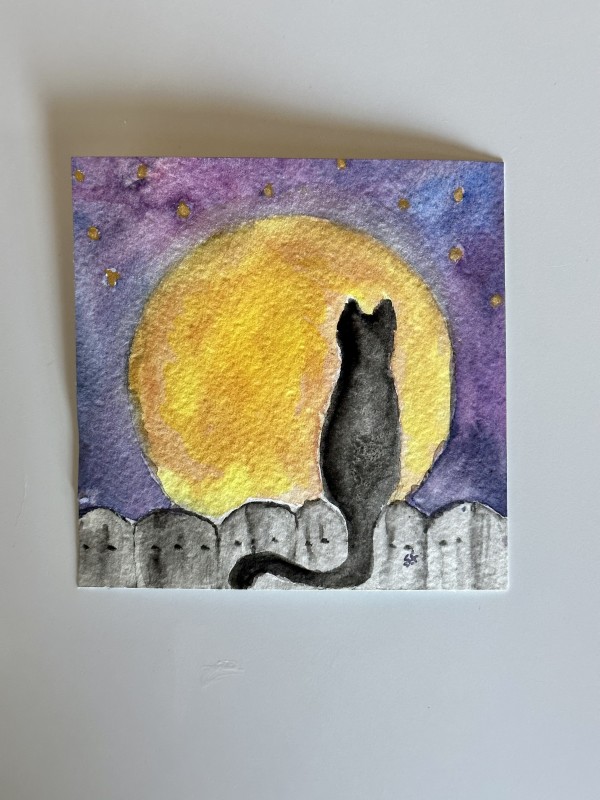 Cat and Moon Original Watercolor Art - BOX G by Susi Schuele