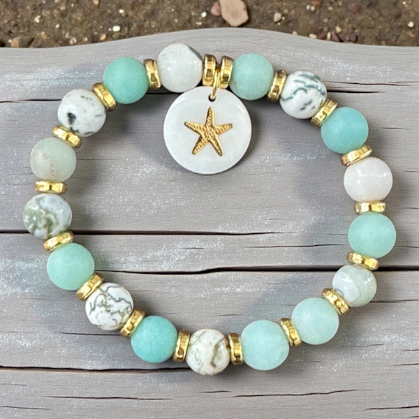Frosted Amazonite and Rhyolite Jasper Bracelet with Freshwater Pearl Starfish by Susi Schuele