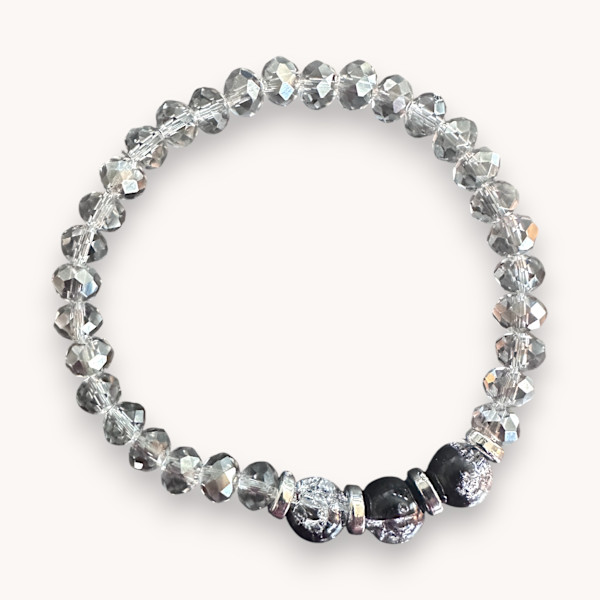 Grey Austrian Crystal Stretch Bracelet, Black Crackle Glass, Silver Rondelle Spacers by Susi Schuele
