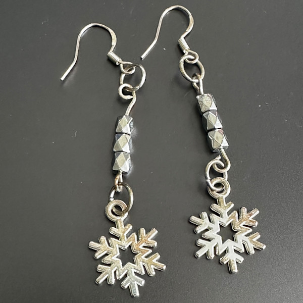 Silver Snowflake Drop Earrings by Susi Schuele, Image 1.