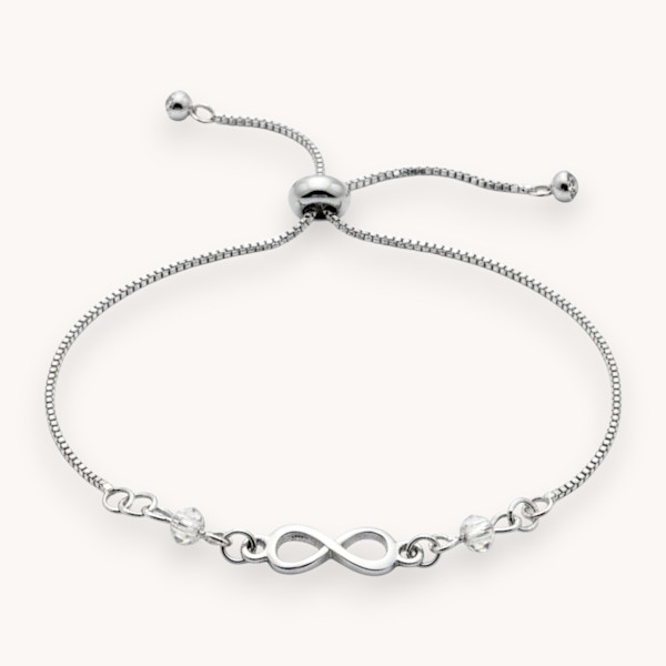Infinity Adjustable Bracelet Silver Tone with Clear Glass Charms by Susi Schuele