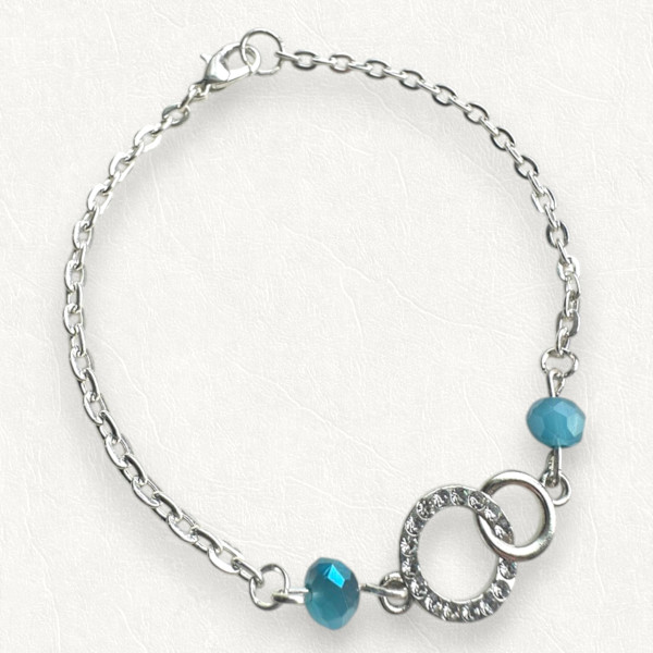 Silver Tone Chain Bracelet Rhinestone Circle Charm Teal Czech Glass Beads by Susi Schuele, Image 3.