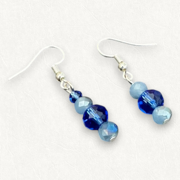 Blue Faceted Glass Earrings Asymmetric Stacked Dangle Hypoallergenic Handmade by Susi Schuele, Image 1.