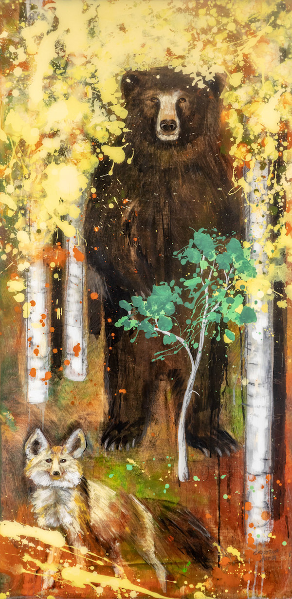 Black Bear in Autumn Aspens with Sierra Nevada Red Fox by Cristina Acosta, Image 1.