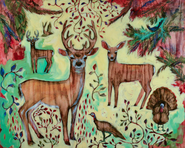 Woodland Deer with Turkeys by Cristina Acosta