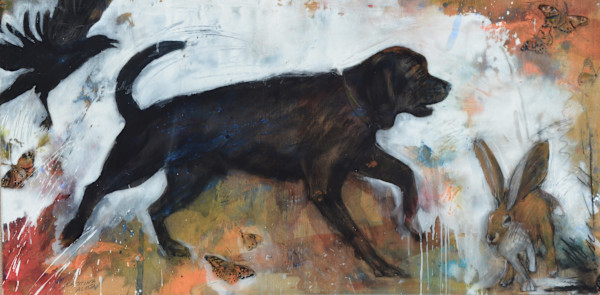 (Bronson) Labrador with Crow Rabbit and Monarch Butterfly by Cristina Acosta
