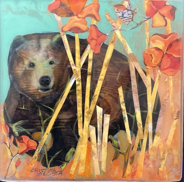 Sweet Bear in California Poppies (collage original) by Cristina Acosta