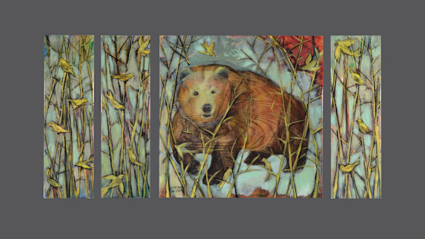 Sweet Bear with Yellow Birds Quadtych by Cristina Acosta