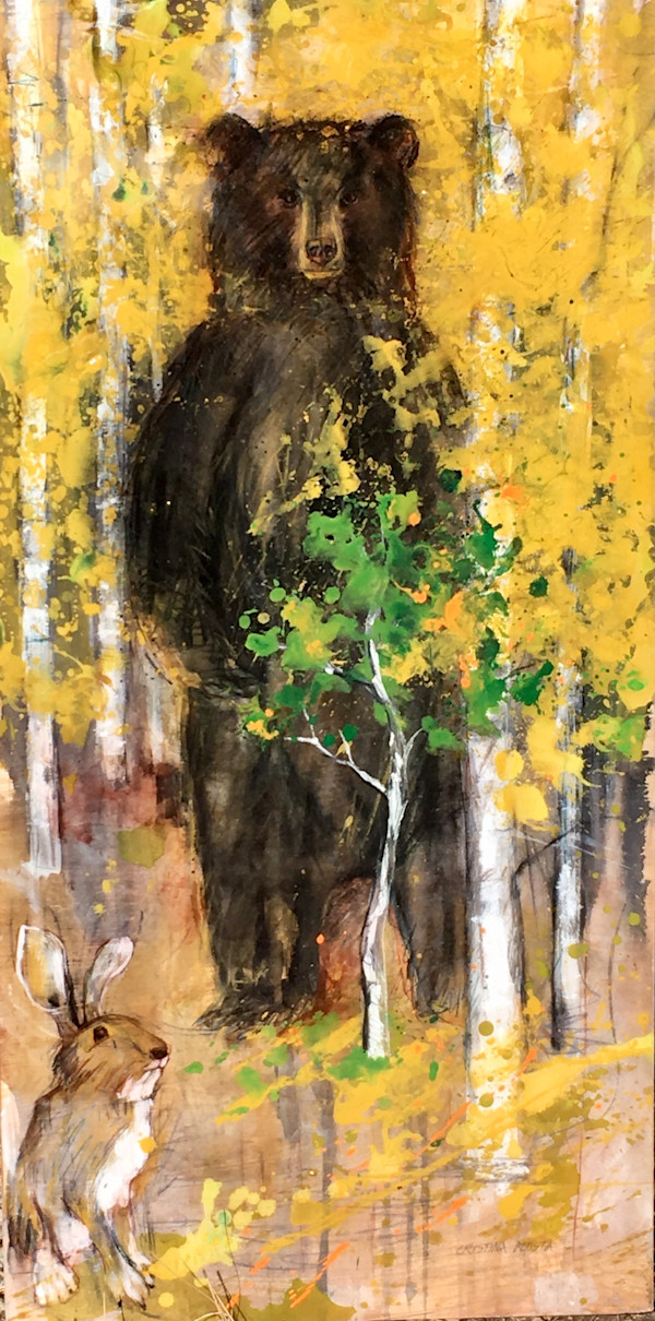 Black Bear in Aspens with Snowshoe Hare by Cristina Acosta