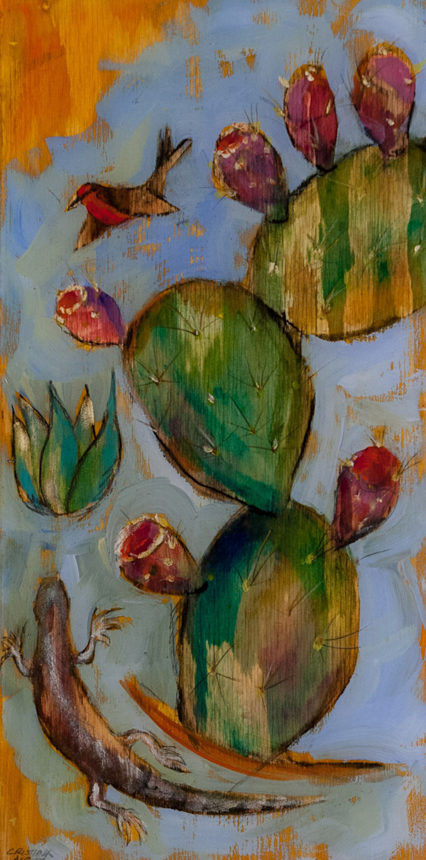 Lizard with paddle cactus by Cristina Acosta