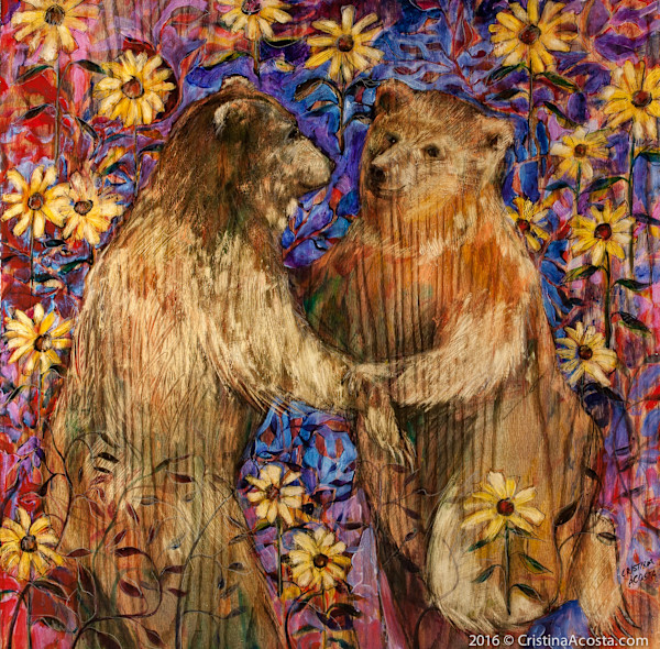Bears in Love - Dancing in Springtime Mule's Ears Flowers by Cristina Acosta
