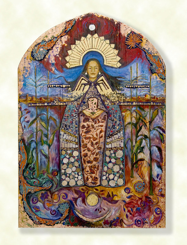 La Conquistadora, Dine Spider Woman, Pueoblan Corn Maiden Retablo by Cristina Acosta