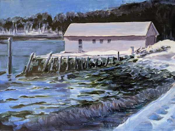 York Harbor Maine Boat House in Winter by Cleo Huggins